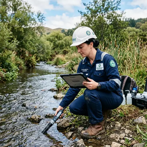Caucasian Environmental Engineer in Blue Uniform with Safety Helmet