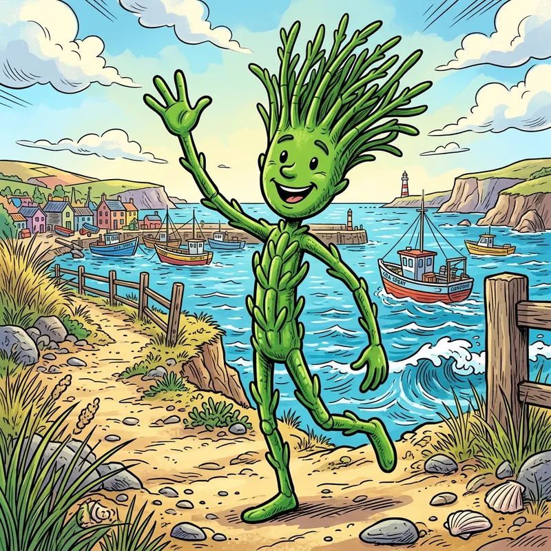Whimsical Green Samphire Cartoon Character - Unique & Playful Art