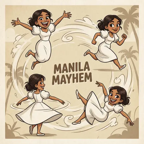 Filipiniana Dress Caricature: Playful Female Character in Dynamic Poses