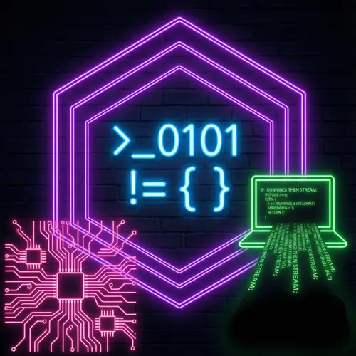 Neon Programming Designs - Vibrant Circuit Board, Coding Symbols, and Laptop Silhouette