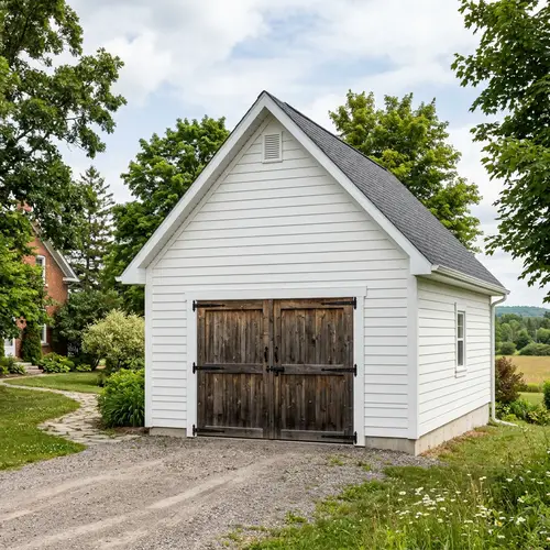 White Garage Structure with Pitched Gable Roof & Wooden Gates