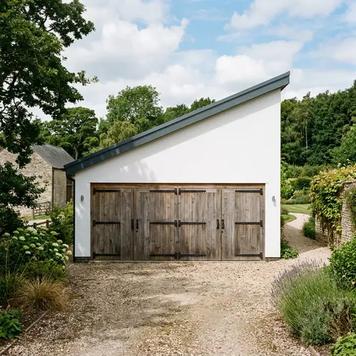 Spacious White Garage with Sloping Roof and Wooden Gates