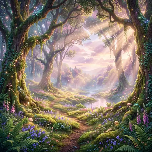 Mystical Forest Landscape: Tranquil Beauty in Soft Hues