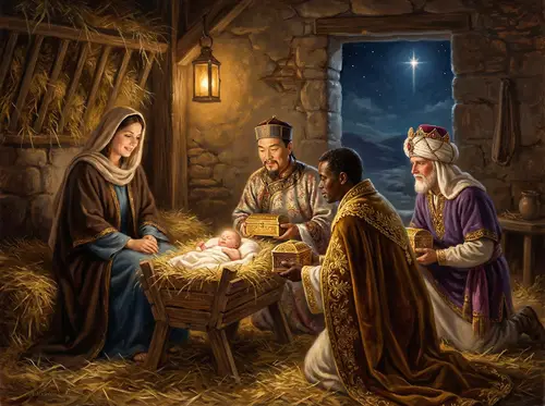 Three Wise Men: A Christmas Oil Painting Scene