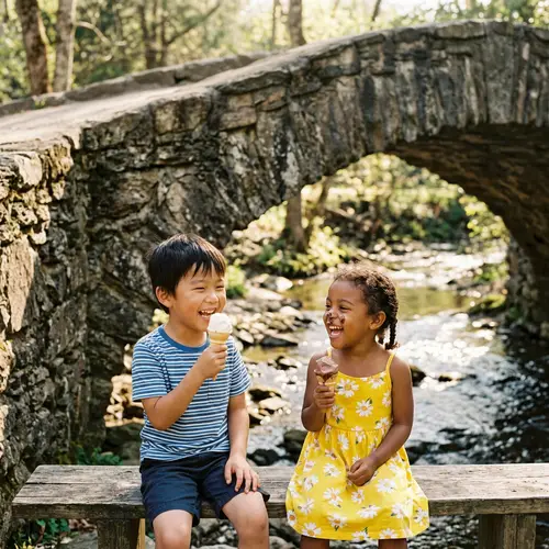 Joyful Sibling Bonding: Boy and Girl Enjoy Ice Cream Under Bridge