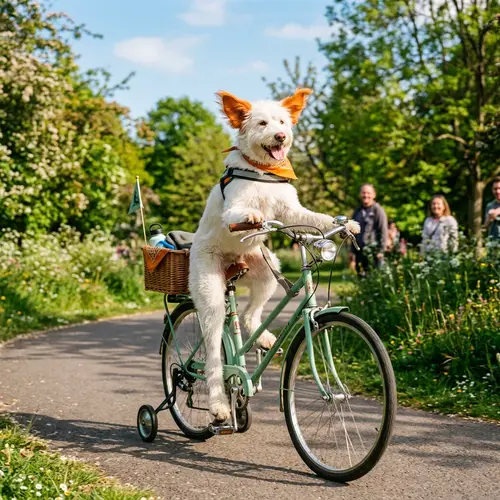 Adventurous White Dog Riding Bicycle | Playful Scene