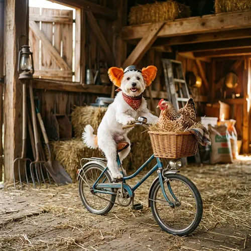 White Dog with Orange Ears Riding Bicycle | Dog and Chicken Friendship