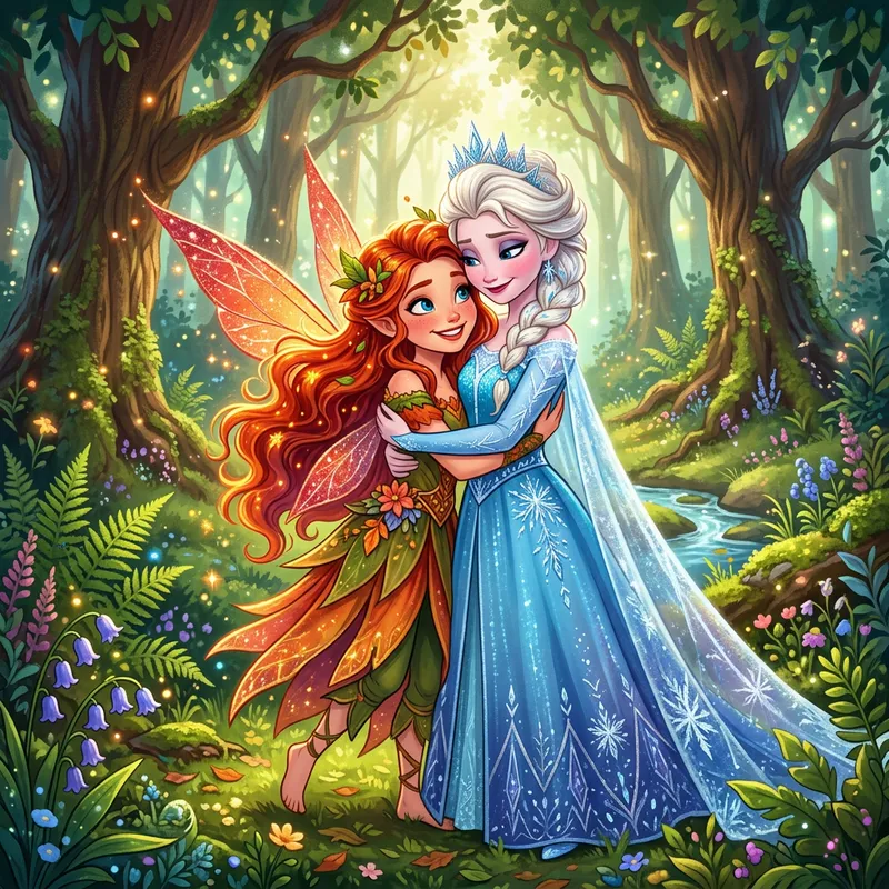 Bloom Fairy and Elsa Frozen Embracing in Forest | Fantasy Art