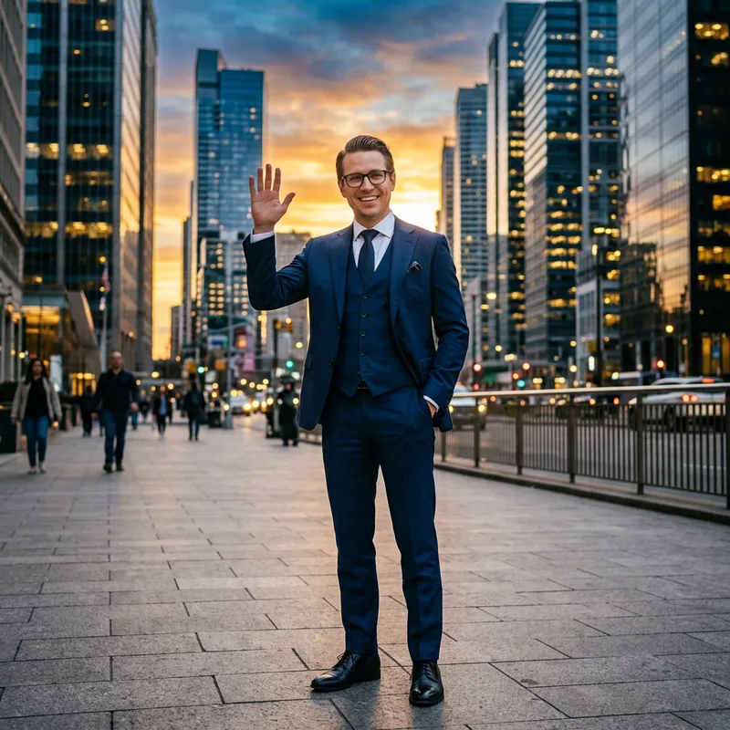 Confident Caucasian Man in Blue Suit with Glasses