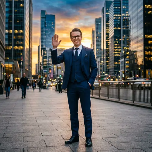 Confident Male Character in Blue Suit and Glasses