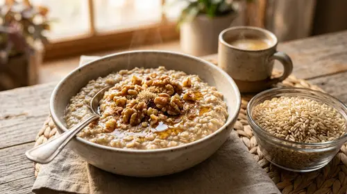 Warm Oatmeal Bowl with Walnuts - Healthy Breakfast