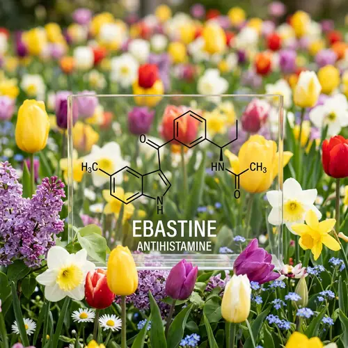 Ebastine Antihistamine with Spring Flowers Background
