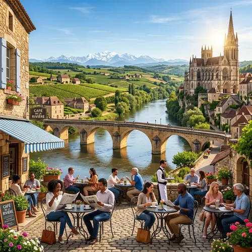 Picturesque View of France | Charming Cafe, Stone Bridge, Vineyards