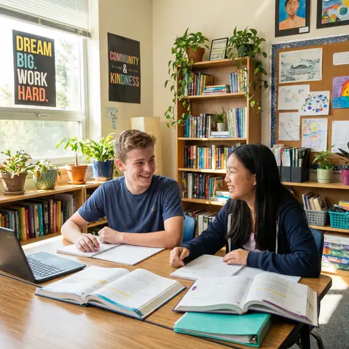High School Love: Caucasian Boy and Asian Girl Studying Together