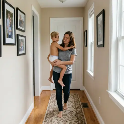 Mom and Child Walking Together in the Hallway