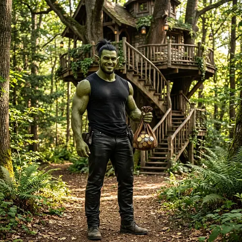 Male Orc Standing in Front of Tree House in Forest