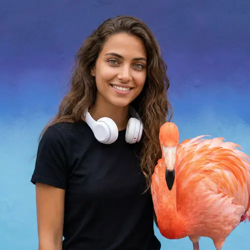 Captivating Girl with Green-Grey Eyes and Majestic Flamingo