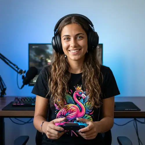 Gamer Girl with Swarthy Skin and Flamingo T-Shirt