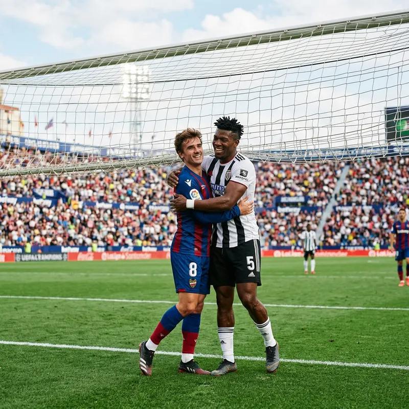Messi and Cristiano Embrace Under Football Goal Post