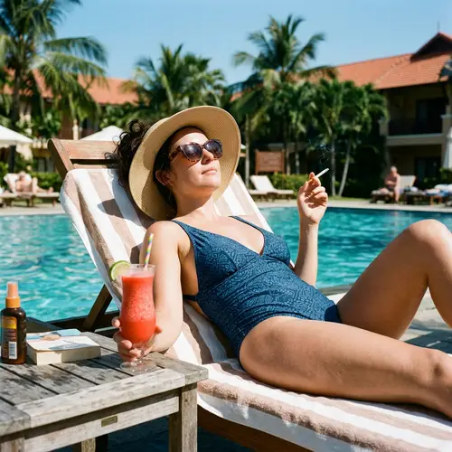 Relaxing Sunbathing: Woman Enjoys a Daiquiri