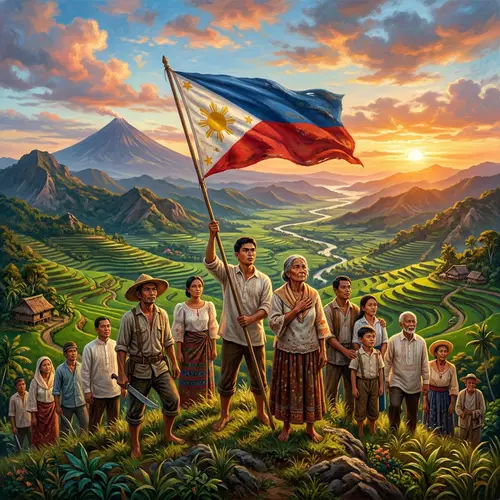 Patriotic Scene Celebrating Philippines | Diverse Group, Sunset Palette