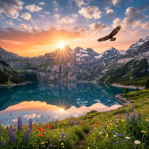 Breathtaking Sunrise Landscape with Mountain Range and Flying Bird