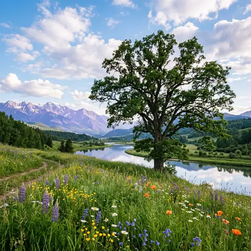 Tranquil Nature Landscape with Majestic Tree, River, and Mountains