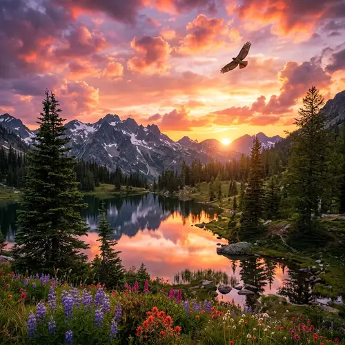 Breathtaking Sunset View Range Mountain with Bird Soaring