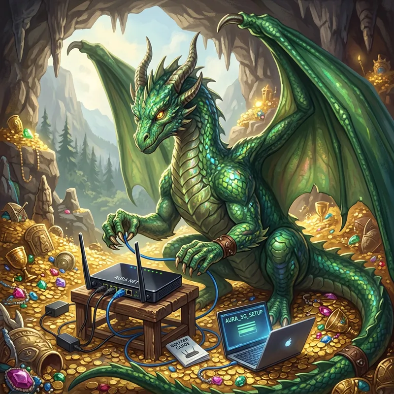 Green Dragon Setting Up Router | Tech Fantasy Art