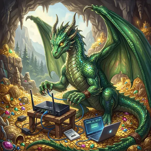 Fantasy Dragon Setting Up Fanciful Router | Tech Fantasy Art