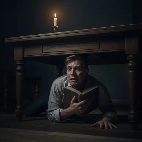 Terrified Man Hiding Under a Table in Dark Room