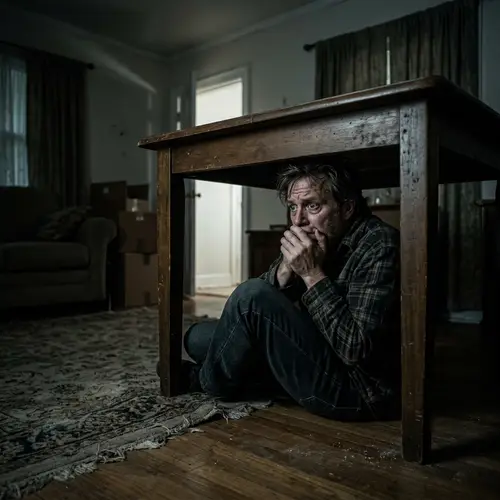 Terrified Man Hiding Under a Table in Dark Room