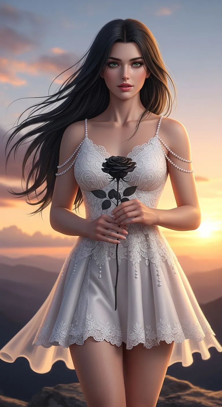 Beautiful Angel at Sunset with Black Rose