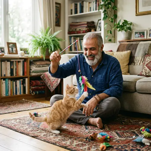 Middle-Eastern Man Playing with Cat - Heartwarming Interaction