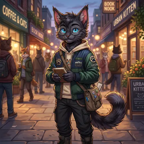 Dark Fur Feline Boy with Blue Eyes | Stylish Jacket & Glasses