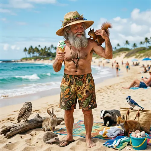 Whimsical Wizard in Swimsuit with Woodland Creatures