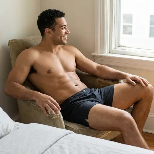 Relaxed Man in Boxer Shorts Showcasing Fit Physique