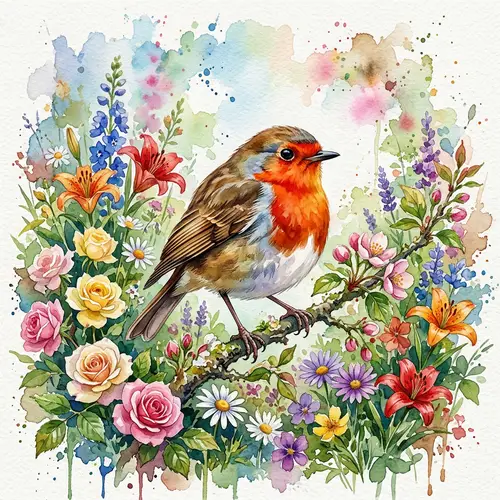 Realistic Watercolour Robin amongst Vibrant Flowers