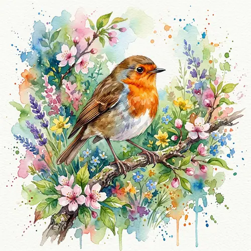Watercolour Robin Among Enchanting Flowers - Artistic Painting