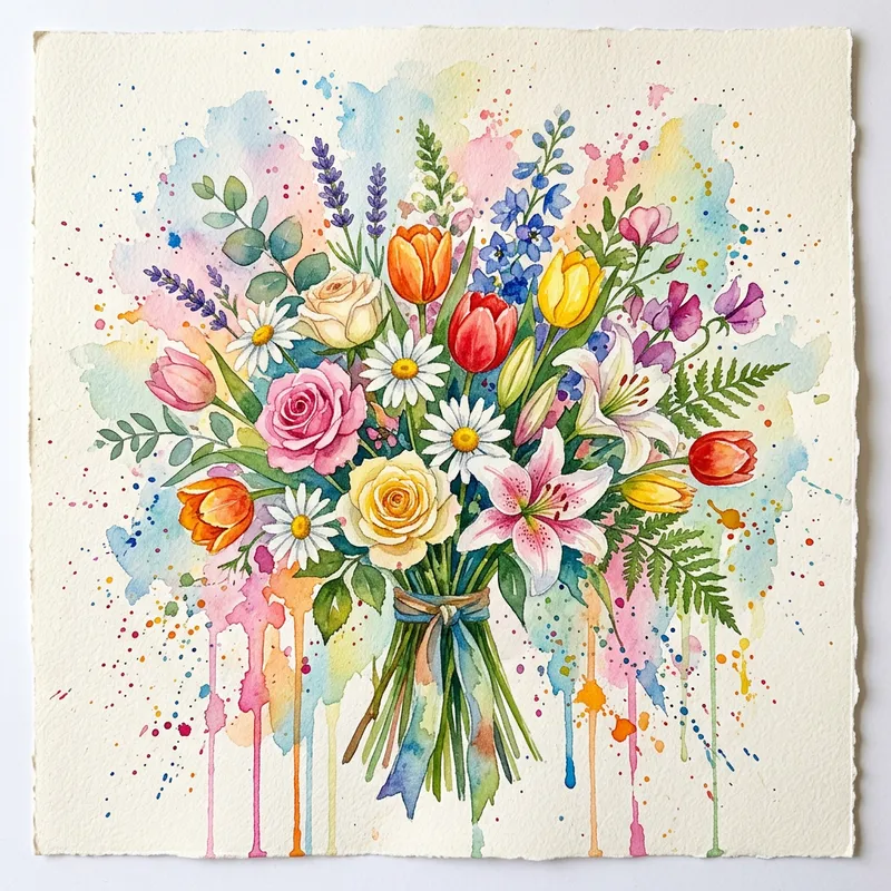 Whimsical Watercolour Flowers with Vibrant Blooms and Creative Paint Splatters