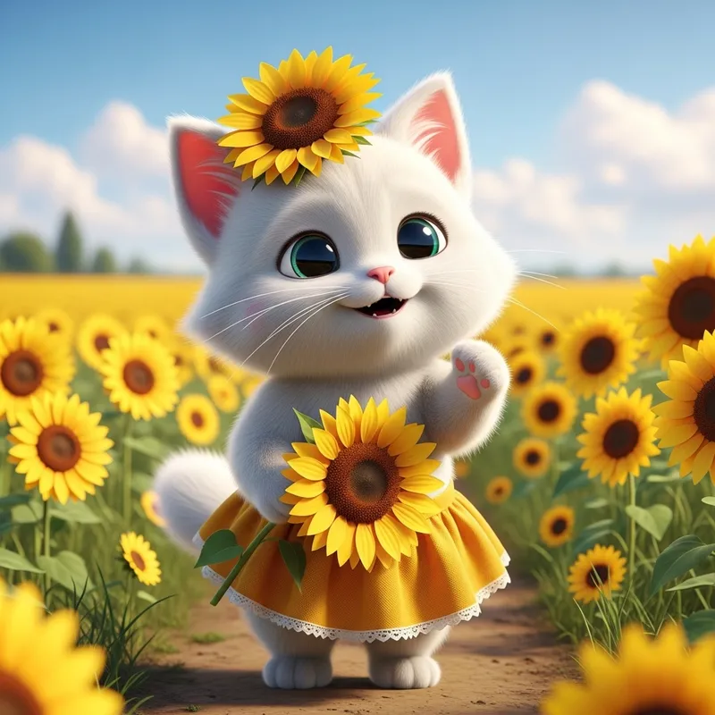 Cute Kitten in a Sunflower Field - Pixar Artistry