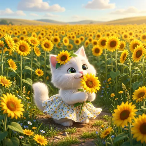 Cute Kitten in a Sunflower Field - Pixar Artistry