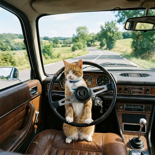 Vintage Cat Driving a Classic Peugeot 504 - Sunny Day Ahead