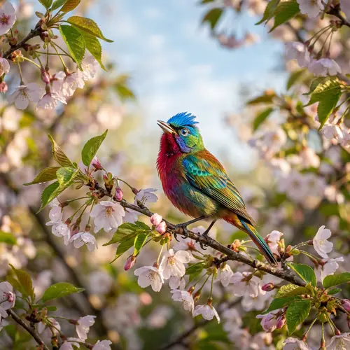 Vibrant Bird on Blossoming Tree | Tranquil Natural Beauty