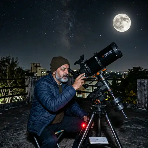 Middle-Aged Man Stargazing with Telescope | Celestial Night Scene