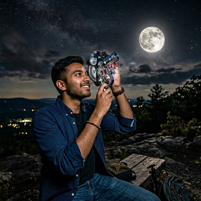 Optometric Device for Perfect Moon Vision: South Asian Man Enthralled