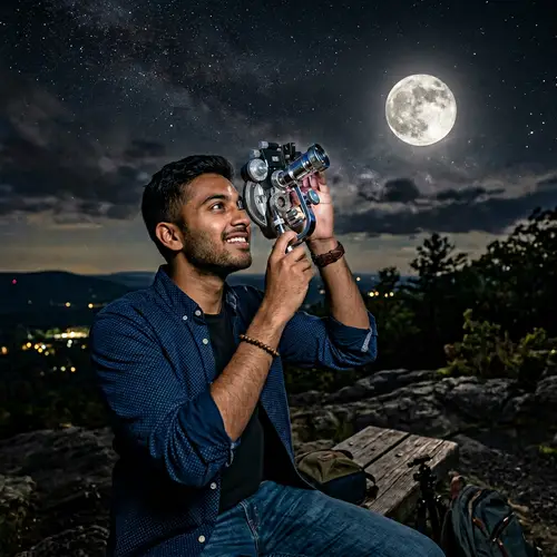 Enhancing Vision: South Asian Man Gazing at Moon through Optometric Device