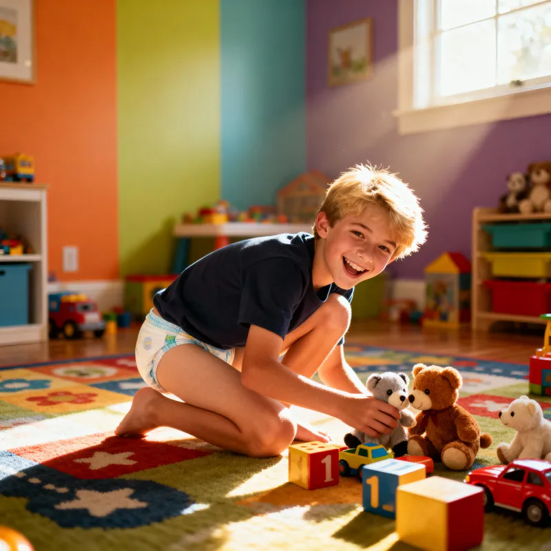 Playful 15-Year-Old Boy in Colorful Playroom