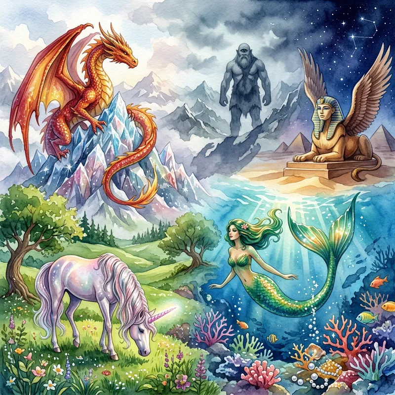 Mythical Creatures Watercolor Painting - Dragon, Mermaid, Unicorn & More