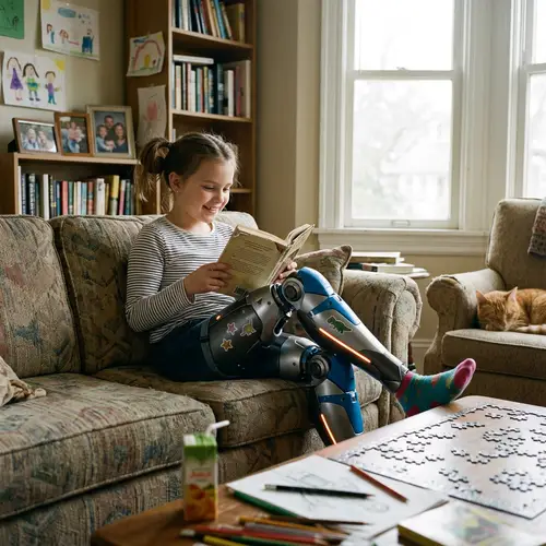 Young Girl with Cyborg Legs at Home